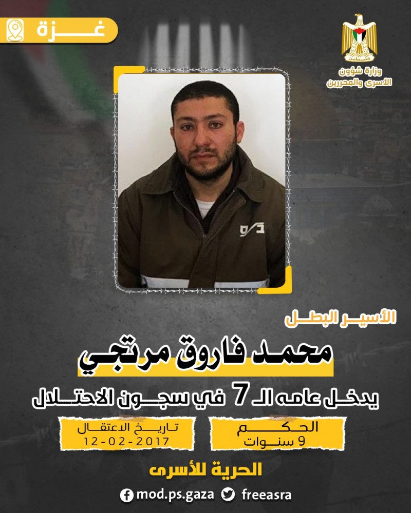 وزارة الأسرى : يدخل اليوم الأسير محمد فاروق مرتجي من غزة ،عامه ال"7" في سجون الاحتلال