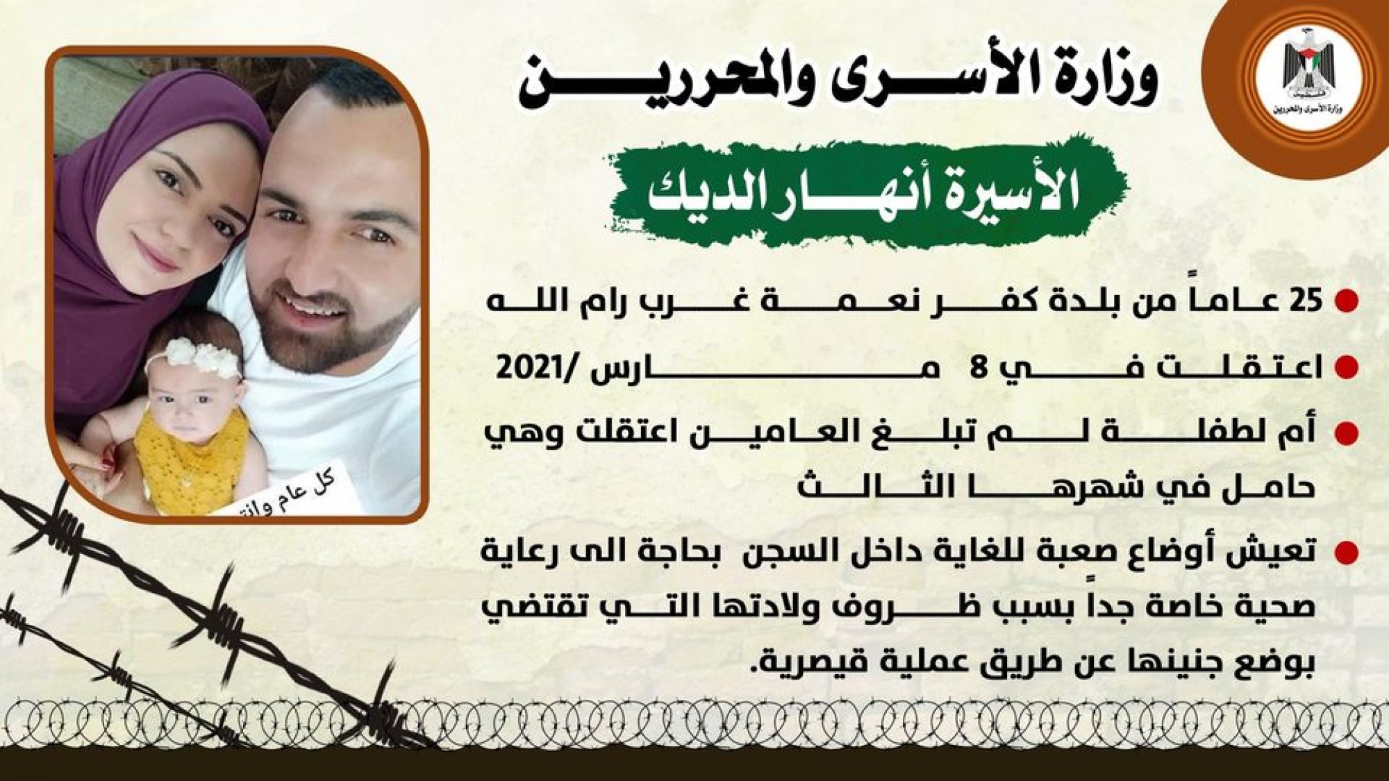 الأسيرة الفلسطينية أنهار الديك "25" عاما من بلدة كفر نعمة غرب رام الله